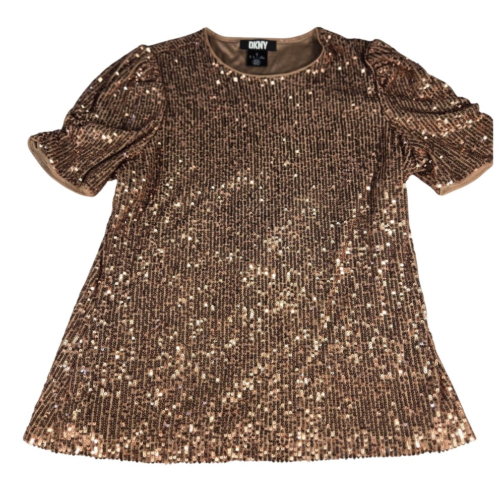 DKNY Womens Rose Gold Sequin Short Sleeve Puff Shoulder Top Bronze Medium